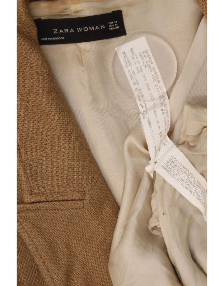 Langer zweireihiger Blazer für Damen von Zara, UK 14, mittelbraunes Leinen