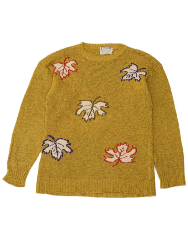 Vintage Damen Pullover mit grafischem Rundhalsausschnitt, Gr. 10, klein, gelb geblümt