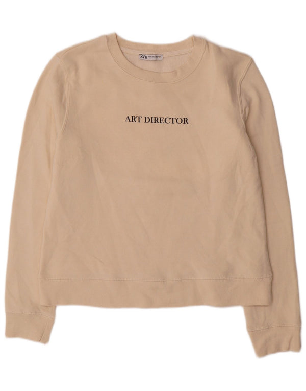 Zara Damen Grafik-Sweatshirt-Pullover UK 14 Mittelweiße Baumwolle