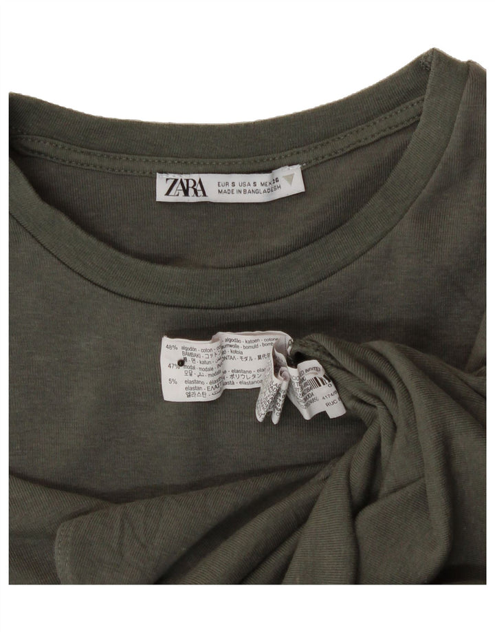 ZARA Womens Long Sleeve Bodysuit UK 10 Small Khaki Cotton Vintage Zara and Second-Hand Zara from Messina Hembry 