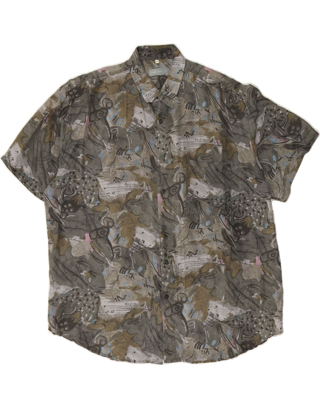 VINTAGE Mens Abstract Pattern Short Sleeve Shirt XL Grey Silk Vintage Vintage and Second-Hand Vintage from Messina Hembry 