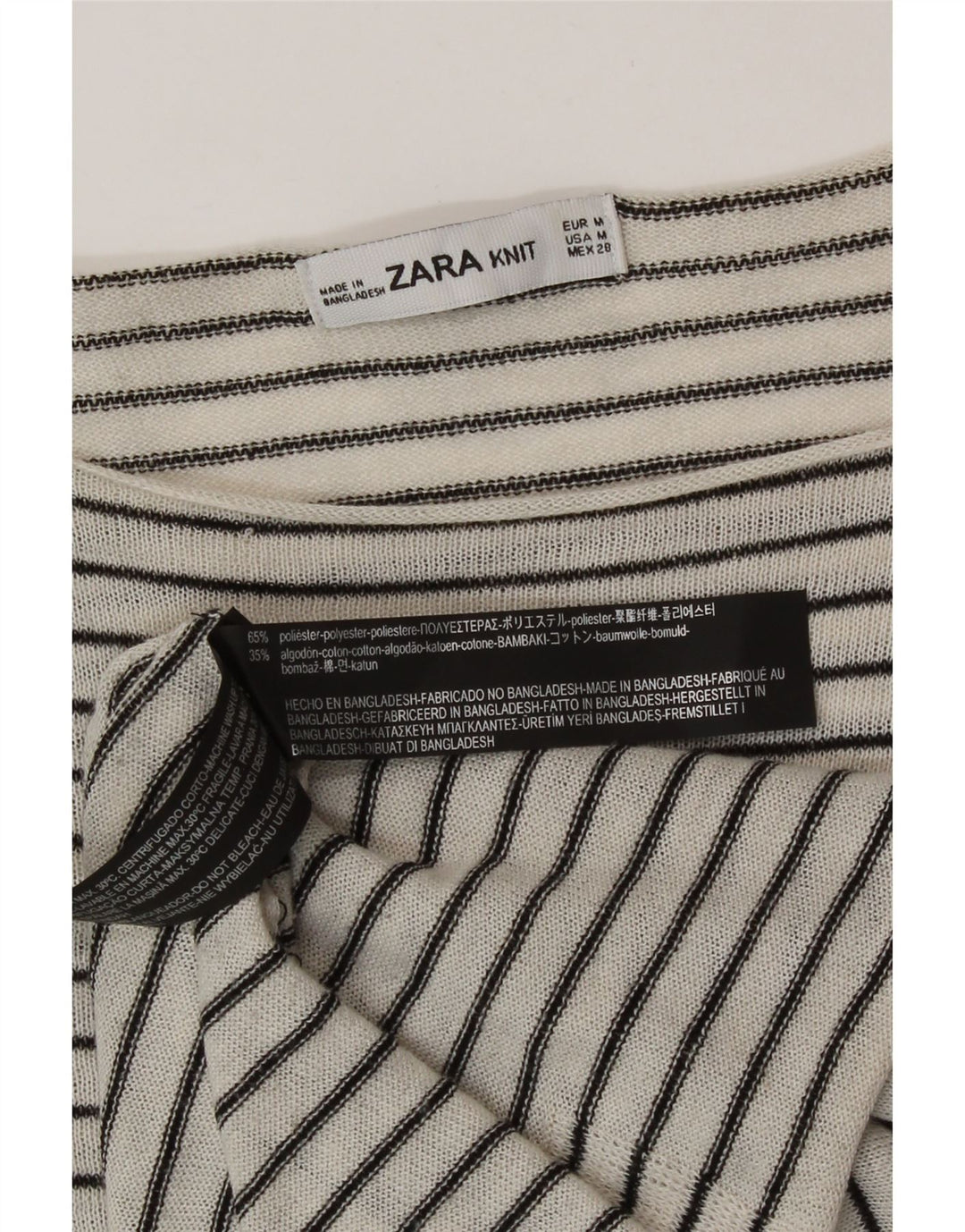 Zara Damen Übergroßes Top Langarm UK 14 Mittelweiß gestreift Polyester