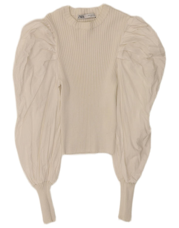Zara Crop Langarm-Blusenoberteil für Damen, UK 12, mittelweiße Baumwolle