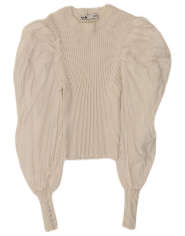 Zara Crop Langarm-Blusenoberteil für Damen, UK 12, mittelweiße Baumwolle