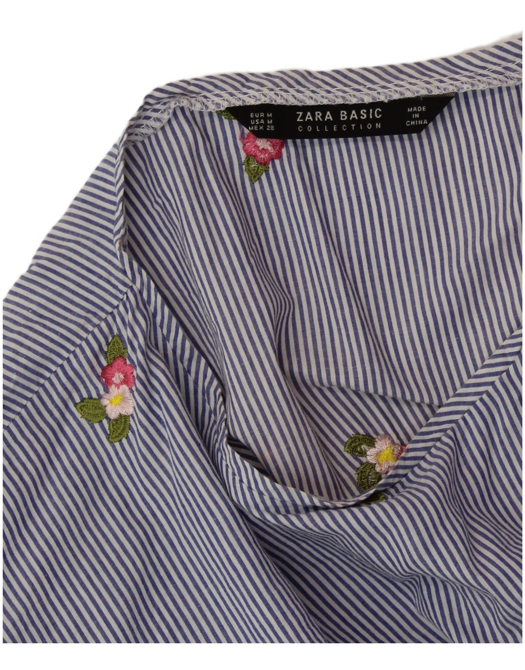 ZARA Damen Crop Bluse Top UK 14 Mittelblauer Nadelstreifen