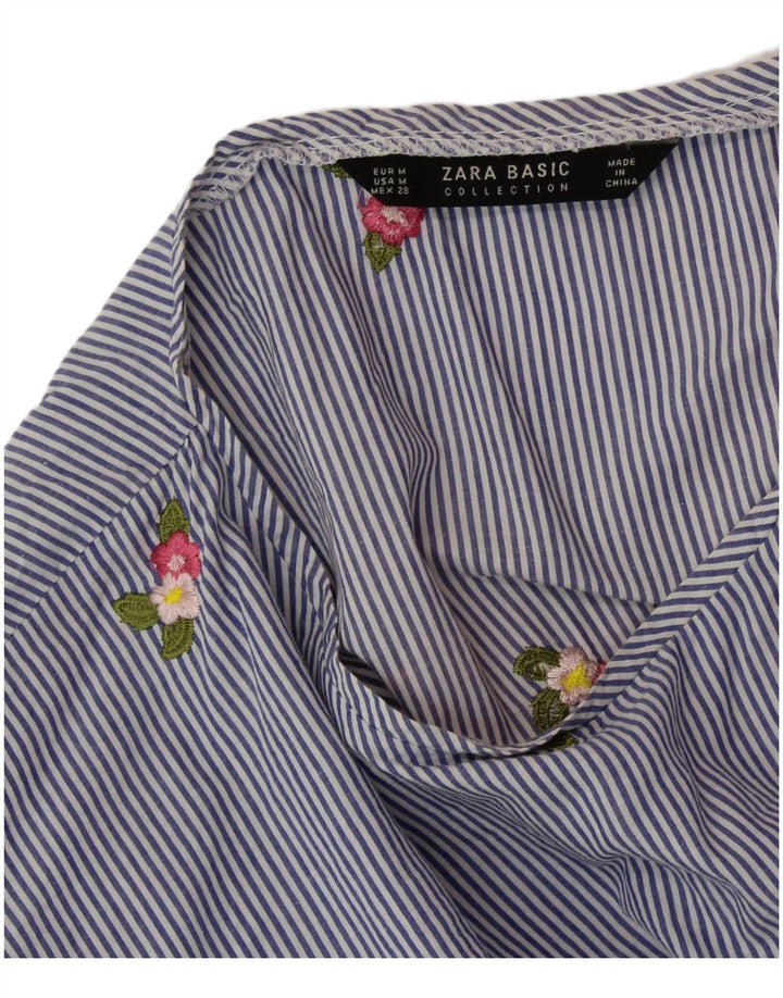 ZARA Damen Crop Bluse Top UK 14 Mittelblauer Nadelstreifen