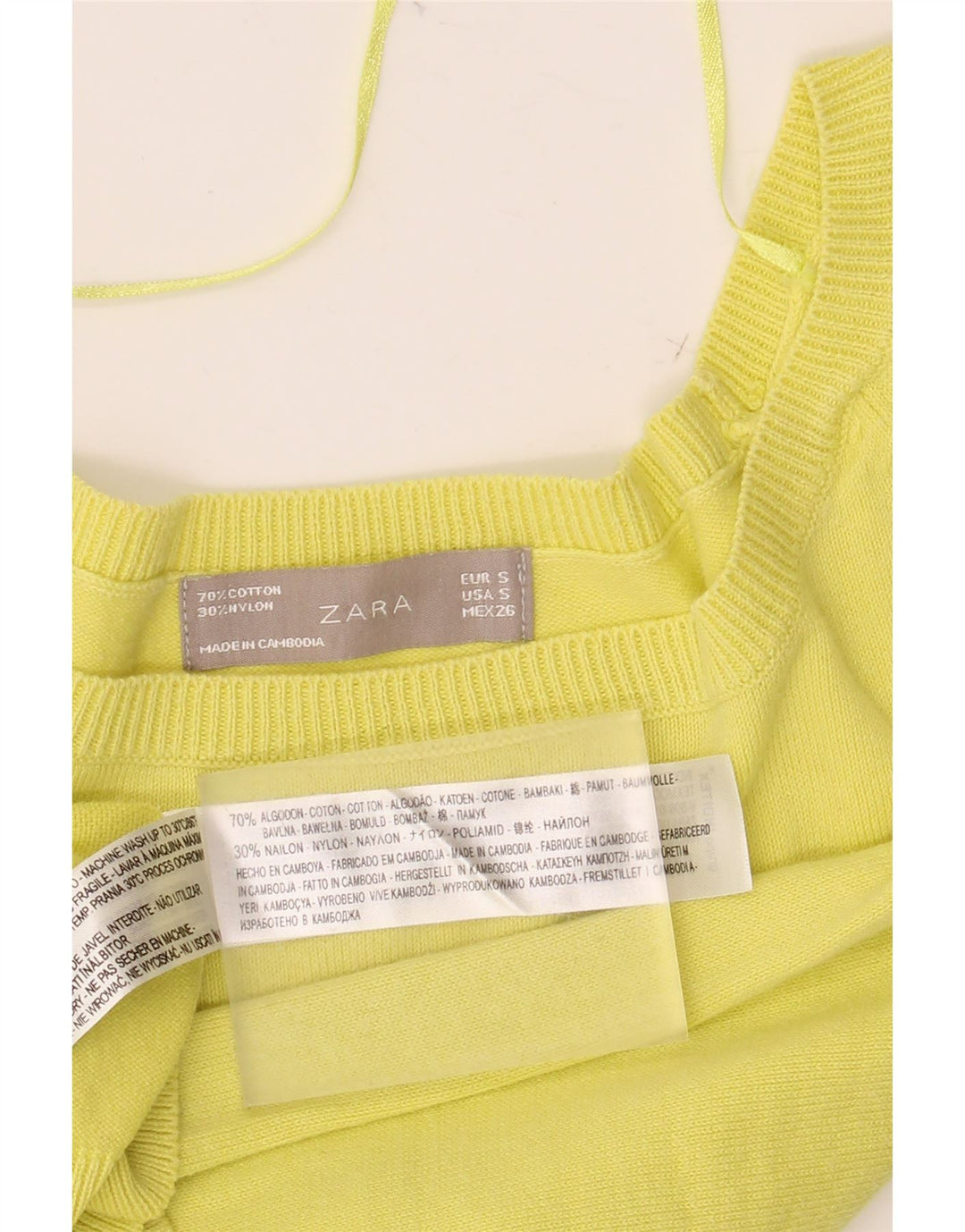 ZARA Damen Pullover, bauchfrei, 3/4-Ärmel, U-Boot-Ausschnitt, Gr. 8, Gelb