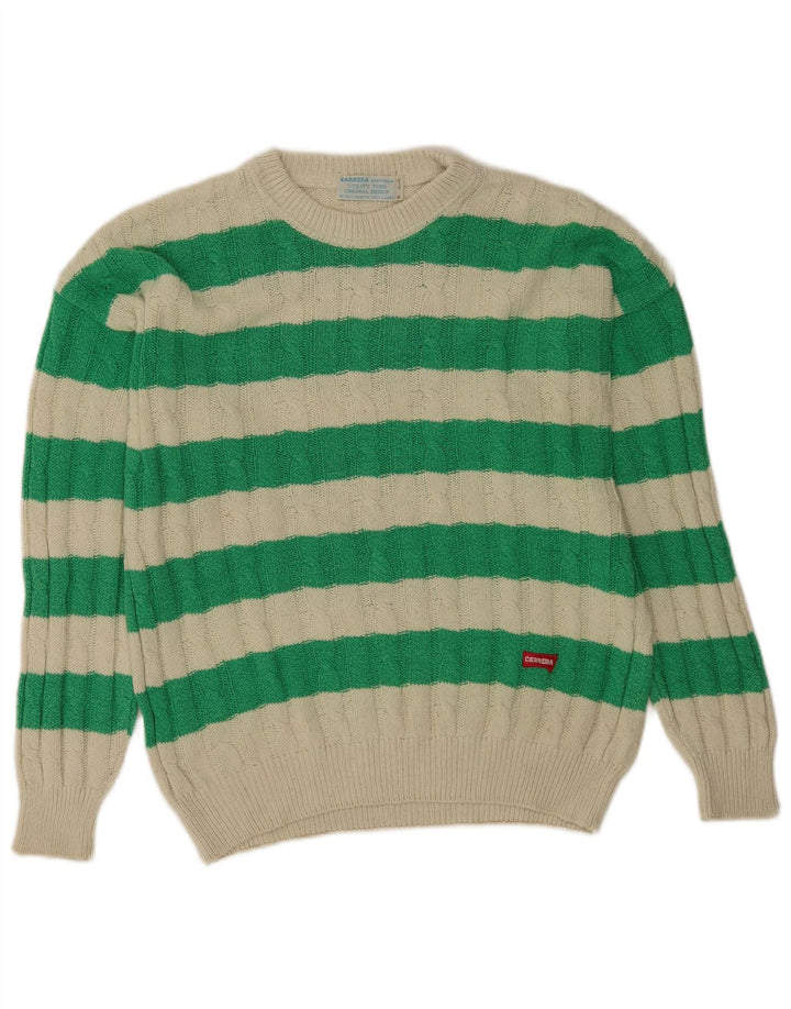 Carrera Herren-Pullover mit Rundhalsausschnitt, mittelgrün, gestreift, Baumwolle