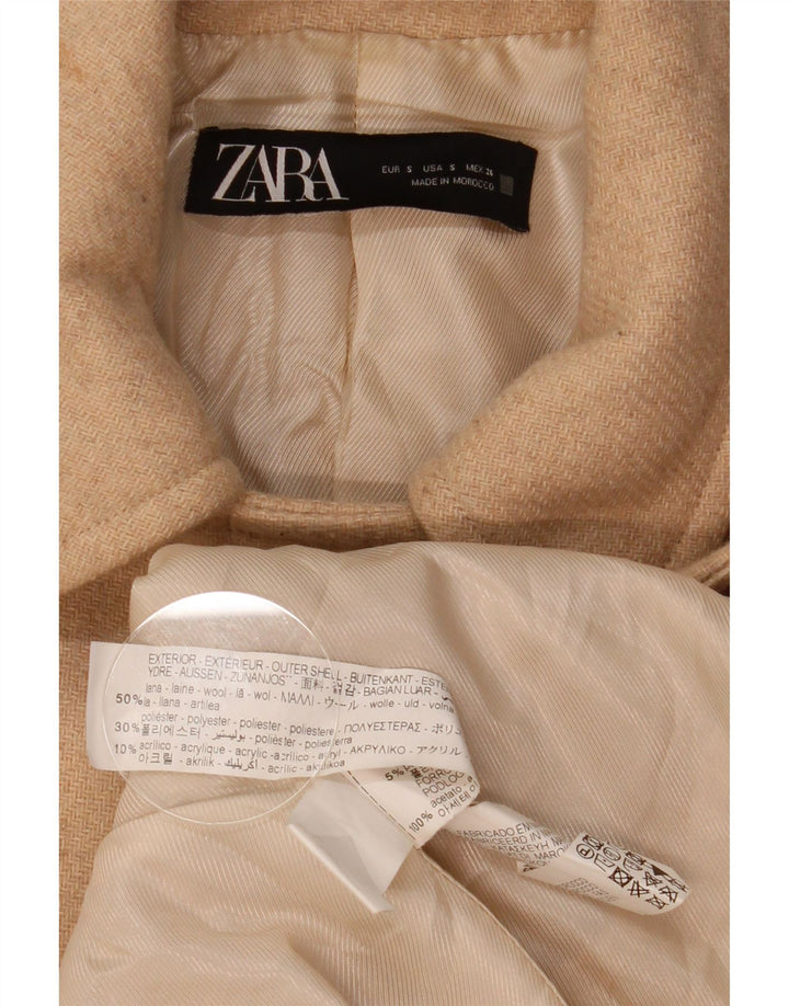 Zweireihiger Damenmantel von Zara, Gr. 10, Beige, Wolle mit Fischgrätmuster