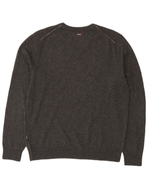Napapijri Mens V-Neck Jumper Sweater Large Grey Merino Wool