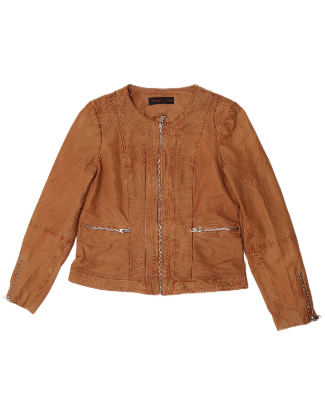 Trussardi Jeans Damen Lederjacke IT 46 Großes braunes Leder