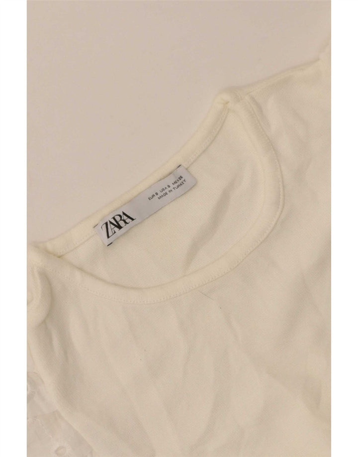 Zara Damen Crop Top Langarm UK 8 Small Weiß geblümt