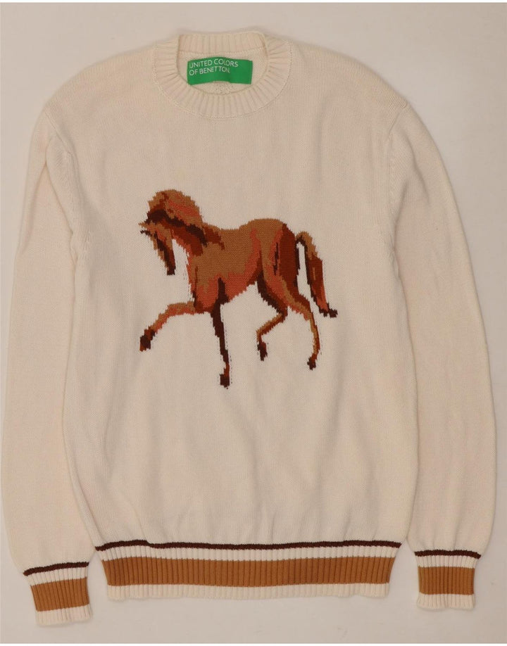 BENETTON Damen-Pullover mit grafischem Rundhalsausschnitt, UK 14, Mittelweiß