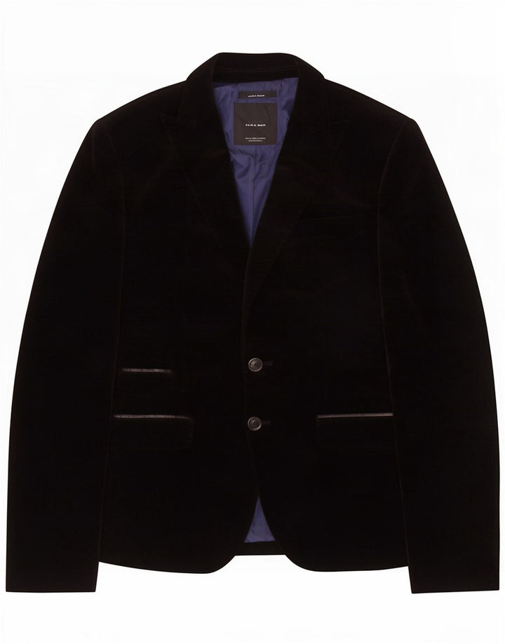 Zara Herren 2-Knopf-Samt-Blazerjacke, EU 46, kleine schwarze Baumwolle