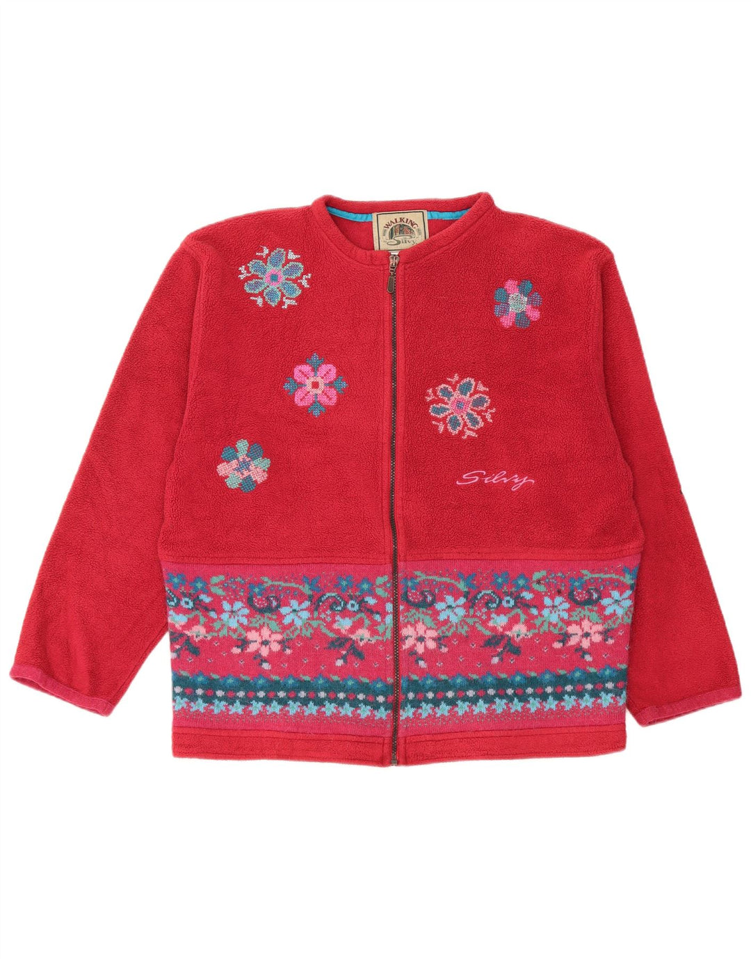 Übergroße Damen-Fleecejacke von Silvy, UK 14, Mittelrotes, geblümtes Polyester