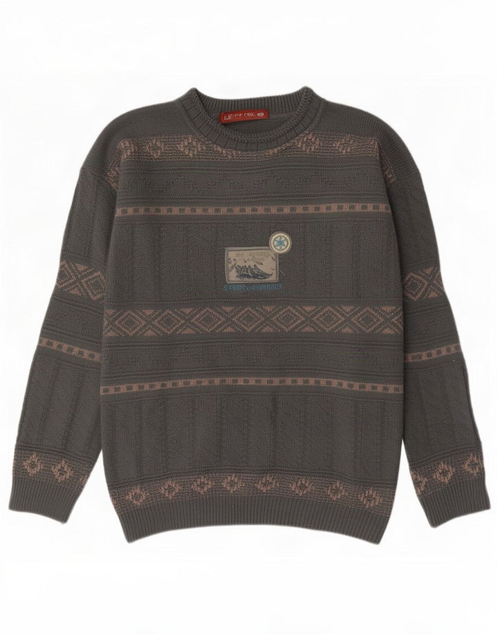 Xavier Herren-Pullover mit U-Boot-Ausschnitt, mittelgraue geometrische Wolle