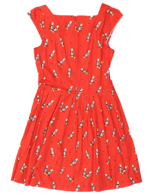 Vintage Damen Ärmelloses A-Linien-Kleid UK 12 Mittelrote Baumwolle mit Animal-Print