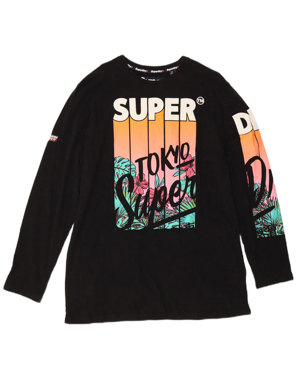 Superdry Damen Graphic Top Langarm UK 18 XL Schwarz Baumwolle