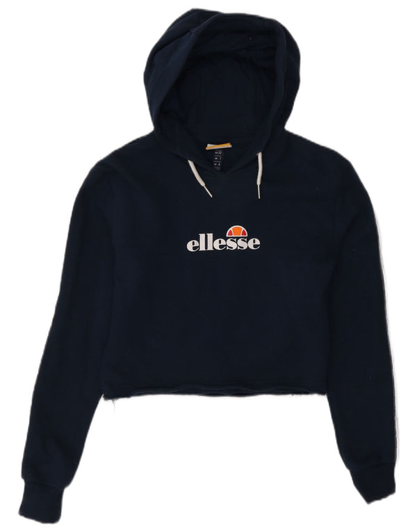 Ellesse Womens Graphic Crop Hoodie Pullover UK 4 XS Marineblau Baumwolle