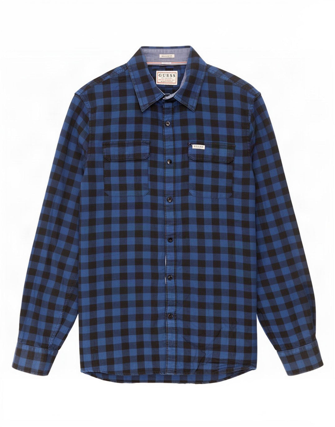 Guess Herren-Hemd mit normaler Passform, kleiner blauer Gingham-Karomuster