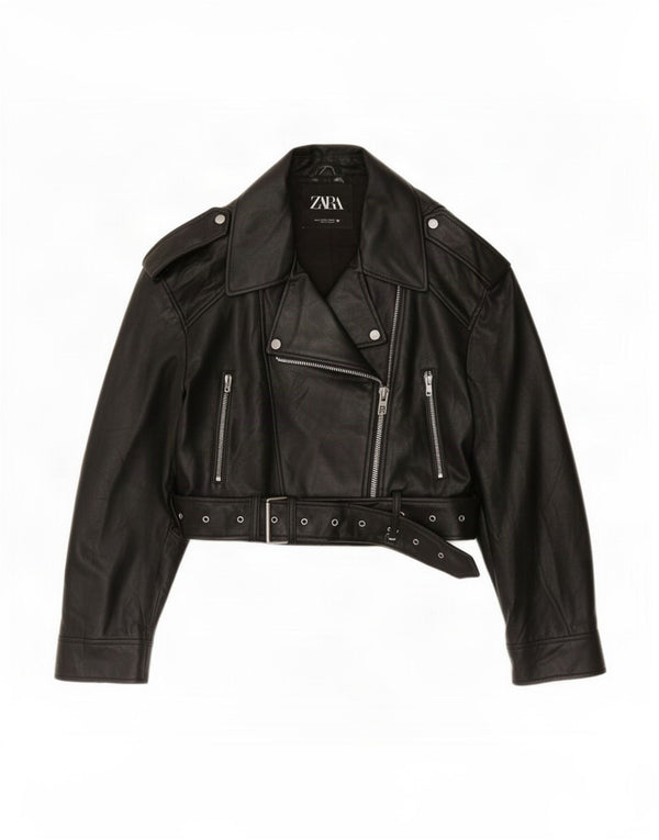 Zara Damen Crop Kunstleder Bikerjacke UK 18 XL Schwarz Polyurethan