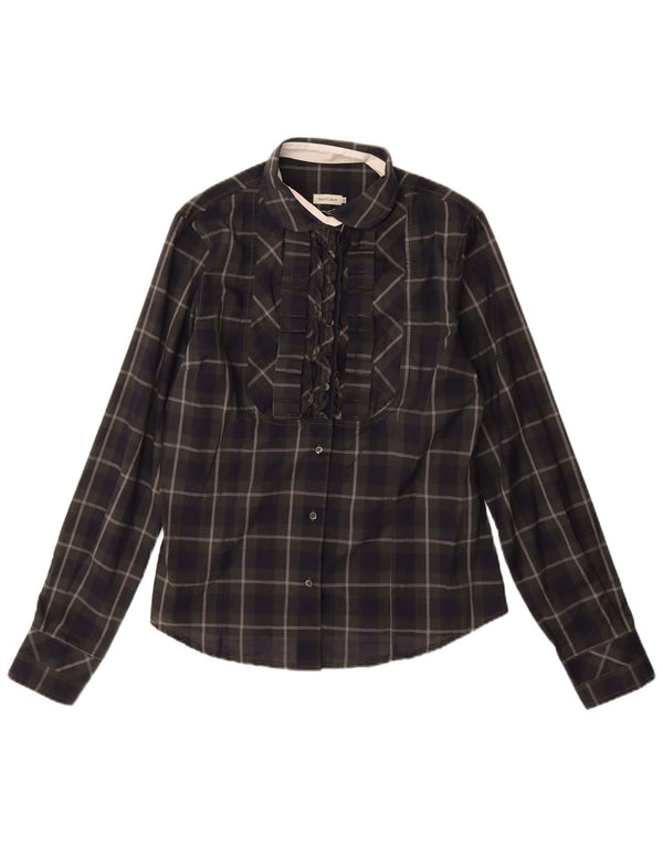 Henry Cottons Damen-Hemd mit Rüschen vorne IT 48 XL Marineblau karierte Baumwolle