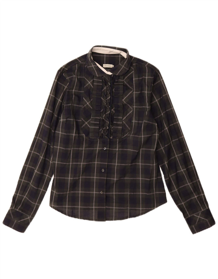 Henry Cottons Damen-Hemd mit Rüschen vorne IT 48 XL Marineblau karierte Baumwolle