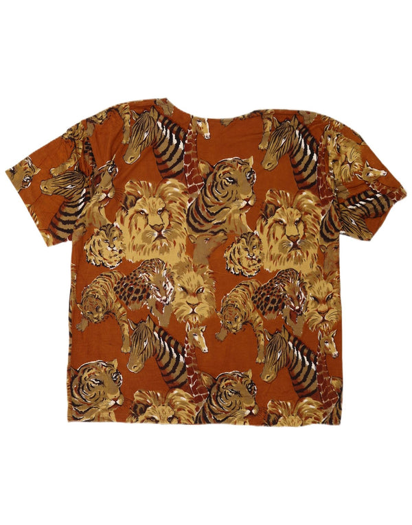 Vintage Damen T-Shirt Top UK 16 Große braune Viskose mit Animal-Print