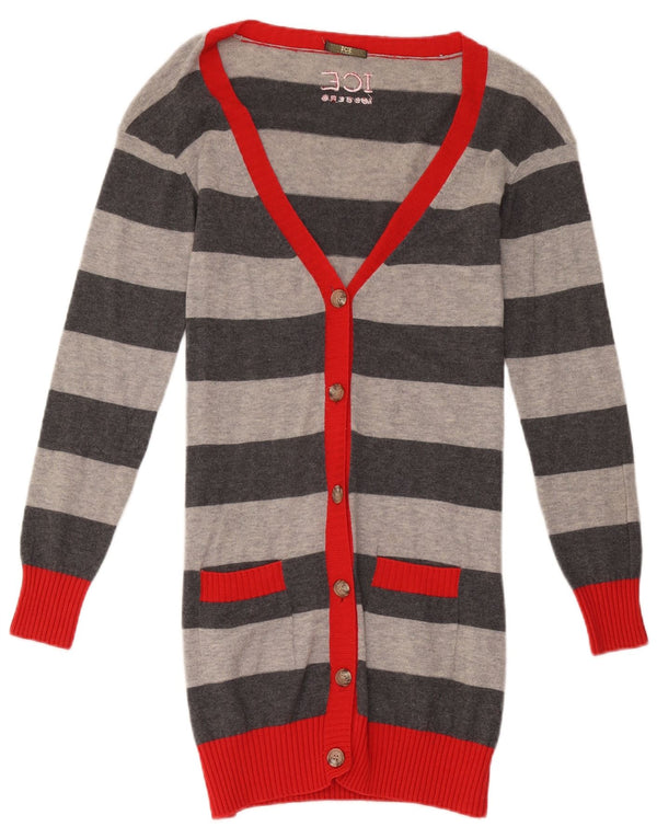 Iceberg Womens Longline Cardigan Sweater UK 10 Kleine grau gestreifte Wolle