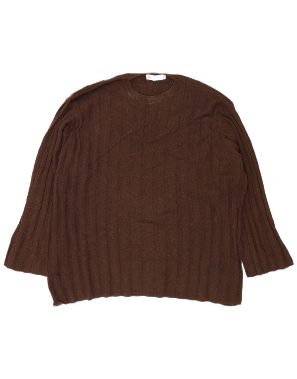 Zara Damen-Pullover, übergroß, Rundhalsausschnitt, Gr. 14, Mittelbraun, Polyamid
