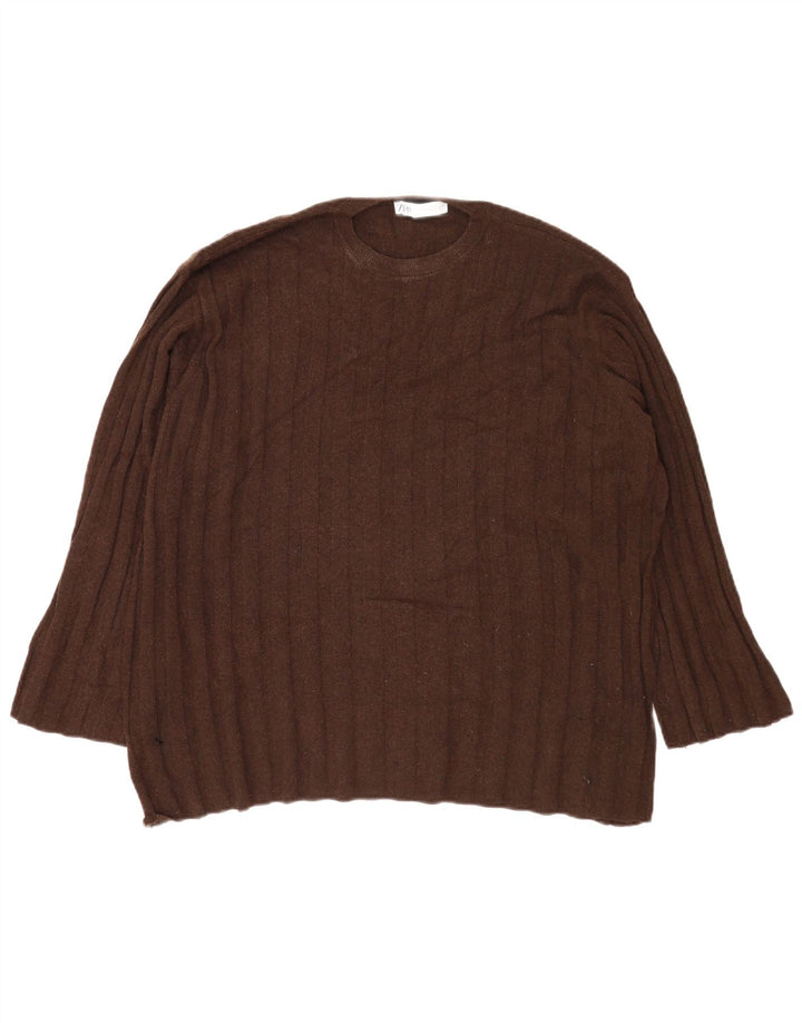 Zara Damen-Pullover, übergroß, Rundhalsausschnitt, Gr. 14, Mittelbraun, Polyamid