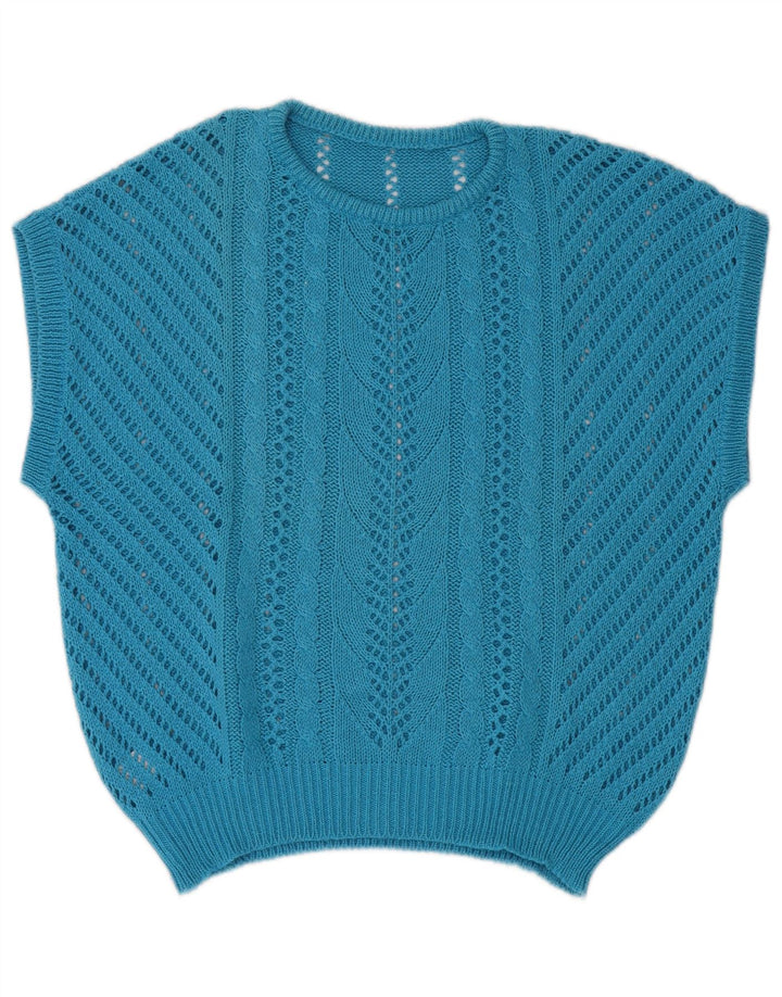 Vintage Damen Weste Tank Top UK 14 Mittelblaue Baumwolle