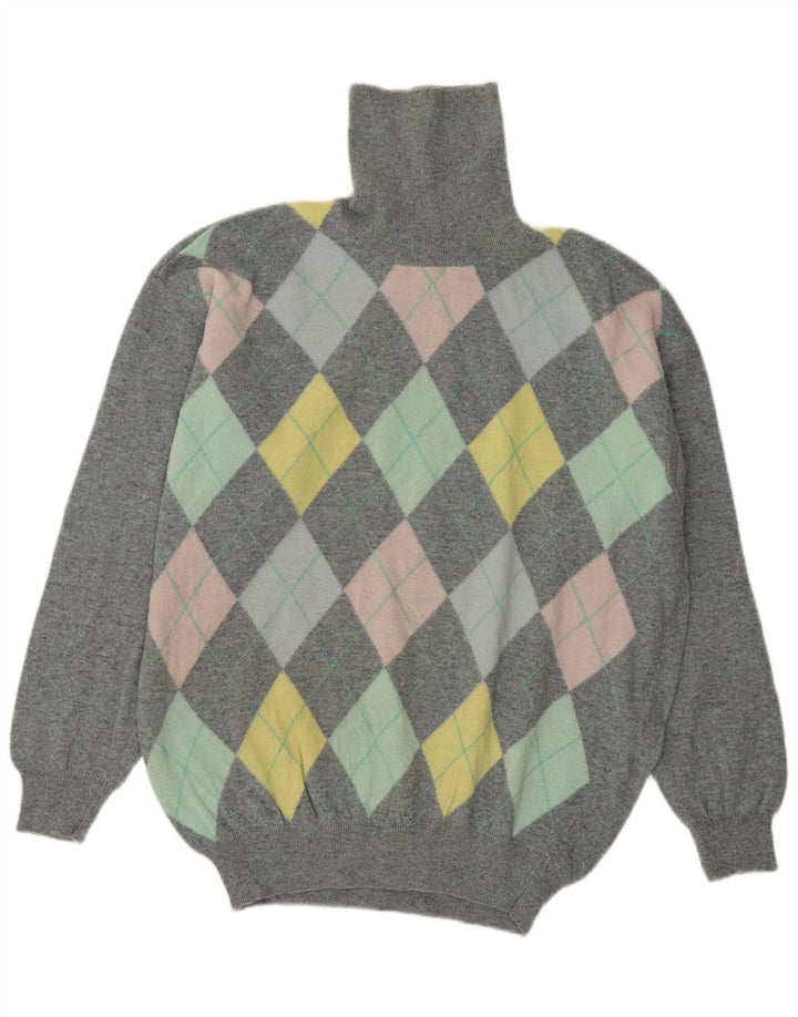 BENETTON Herren-Pullover mit Rollkragen, groß, graue Argyle-/Diamantwolle