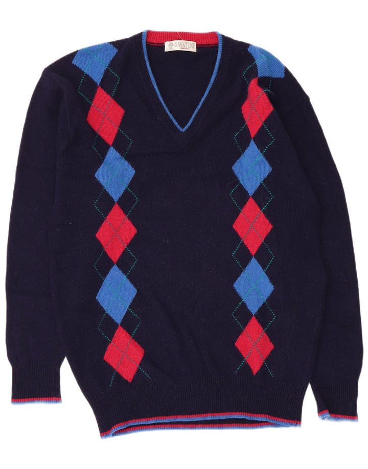 Vintage Herren V-Ausschnitt Pullover Pullover Medium Marineblau Argyle/Diamant