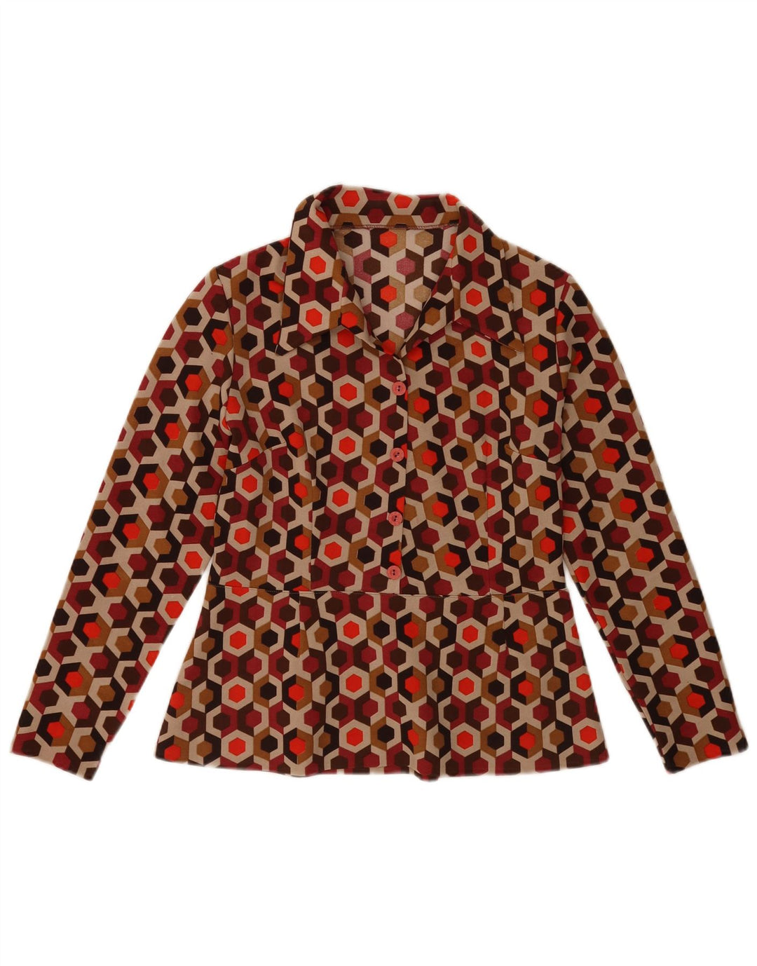 VINTAGE Damen Langarmbluse Top UK 12 Medium Mehrfarbig Geometrisch