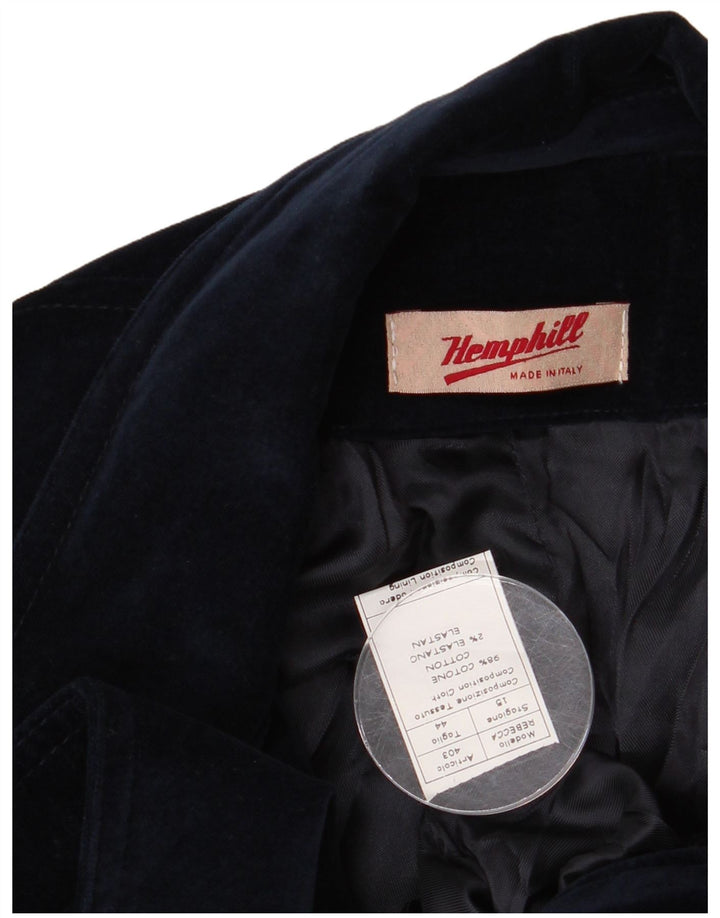 Vintage Damen 2-Knopf-Samt-Blazer-Jacke IT 44 Mittelmarineblaue Baumwolle