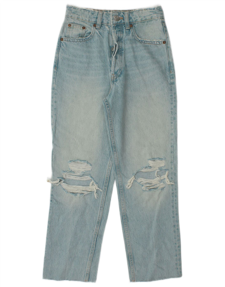 Zara Damen Distressed Loose Jeans EU 32 2XS W22 L31 Blau Metallic