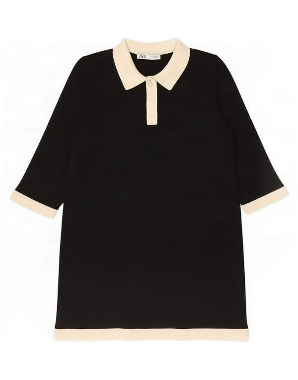 Zara Damen-Poloshirt mit 3/4-Ärmeln, UK 14, Mittelschwarz, Colourblock-Polyester
