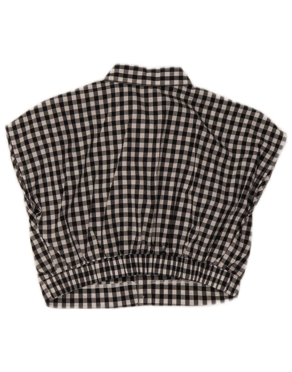 Vintage Damen Crop Short Sleeve Shirt Bluse UK 10 Small Black Gingham
