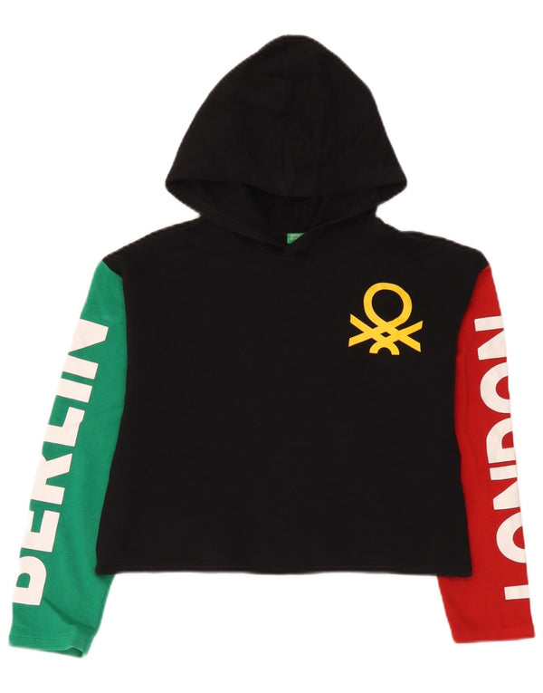 Benetton Crop Graphic Hoodie-Pullover für Mädchen, 10–11 Jahre, XL, Schwarz, Farbblock