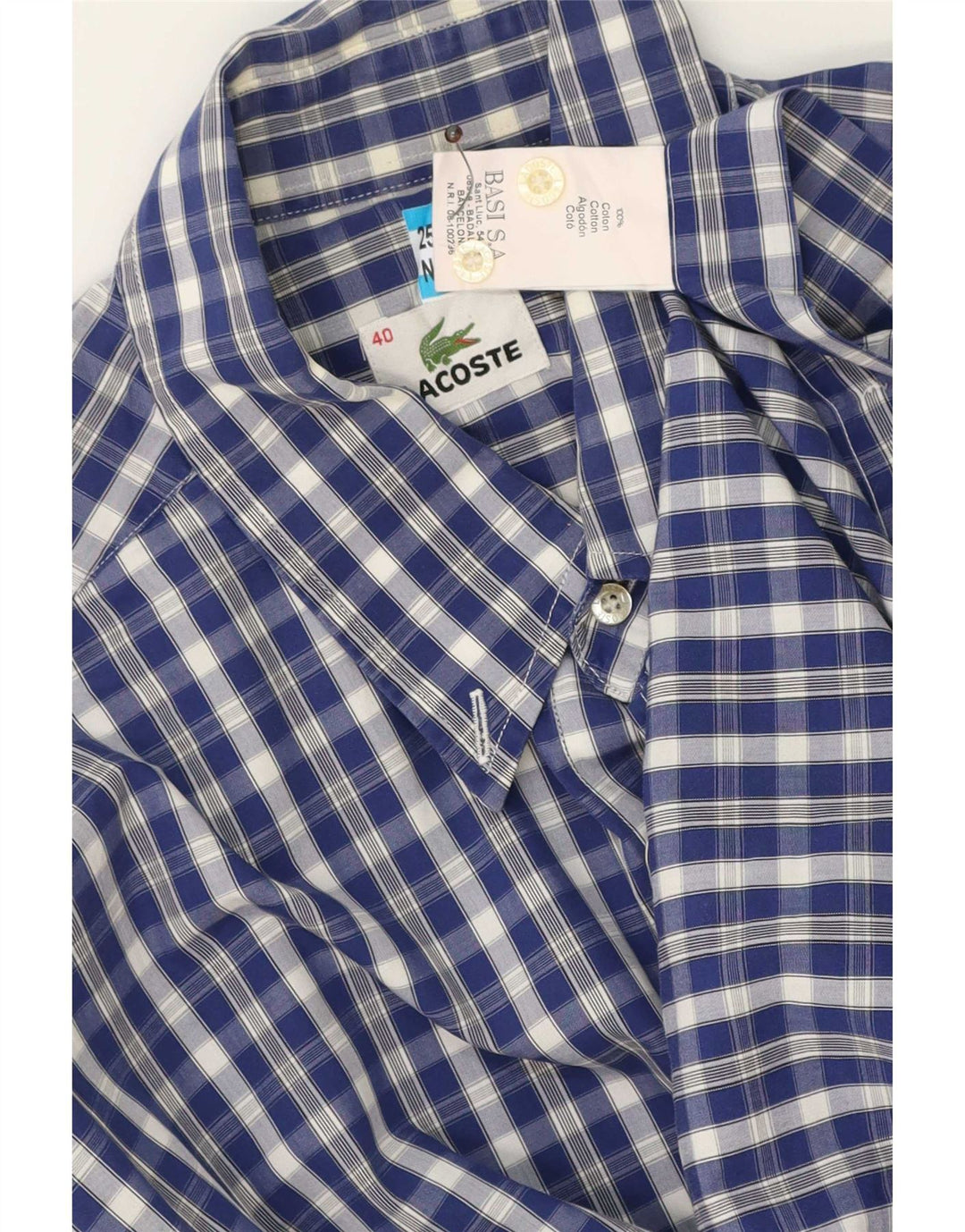 Lacoste Herren-Kurzarmhemd, Größe 40, mittelblaue Gingham-Baumwolle