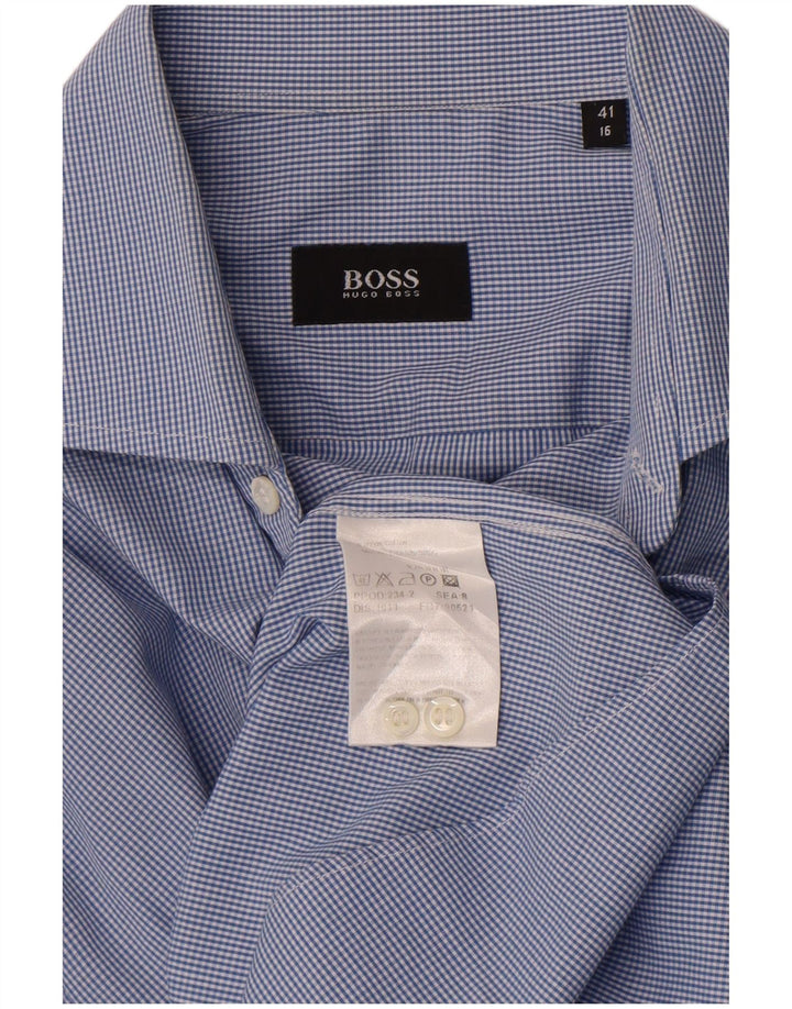 Hugo Boss Herrenhemd Größe 41 16 Große blaue Gingham-Baumwolle