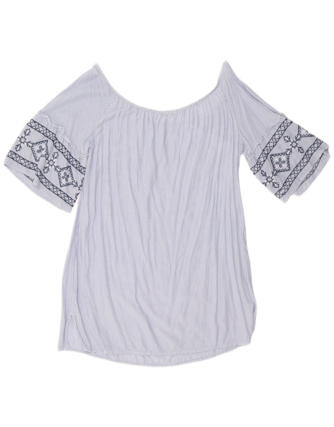 BENETTON Womens Off Shoulder Tunic Top UK 10 Small Blue Striped Viscose
