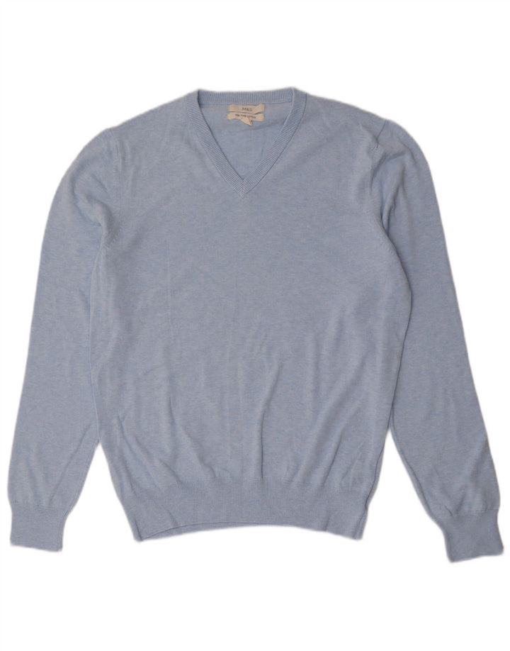 Marks & Spencer Herren-Pullover mit V-Ausschnitt aus mittelblauer Baumwolle