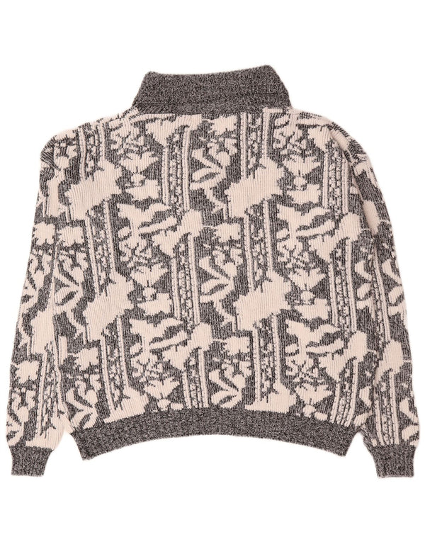 Vintage Mens Abstract Pattern Shawl Neck Jumper Sweater XL Grey
