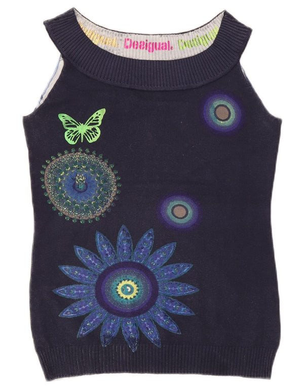 Desigual Damen Weste Tank Top UK 10 Small Navy Blue Floral Butterfly