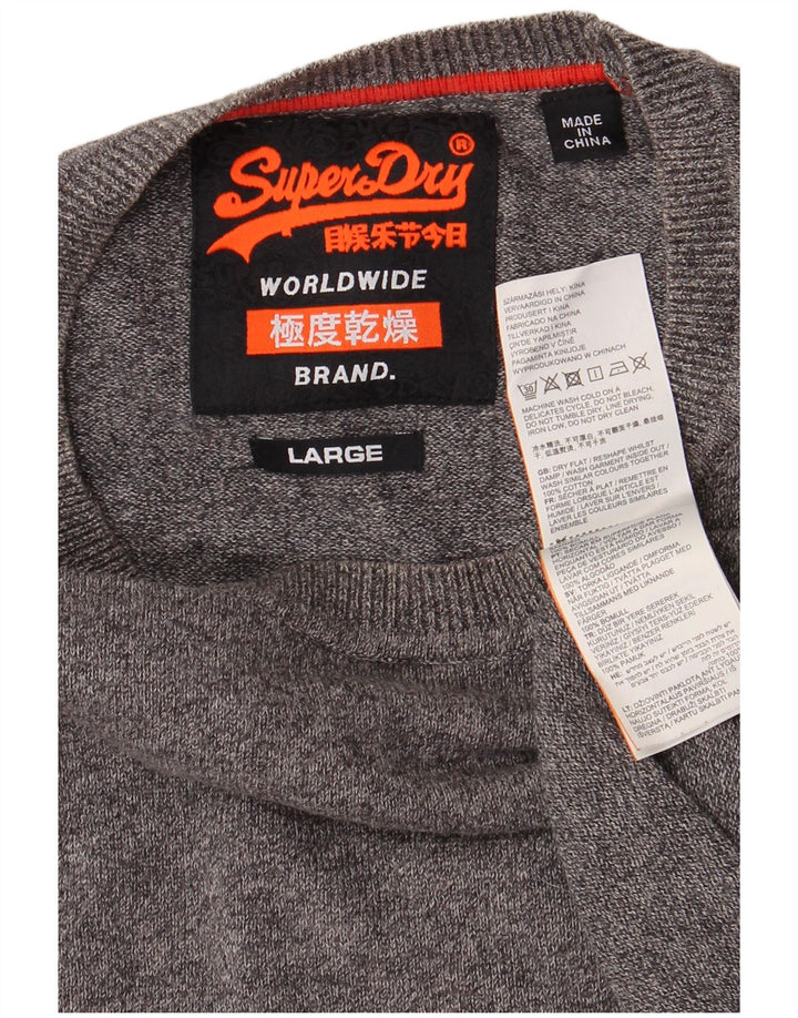 SUPERDRY Herren-Pullover mit Rundhalsausschnitt, Größe L, aus grauer Baumwolle