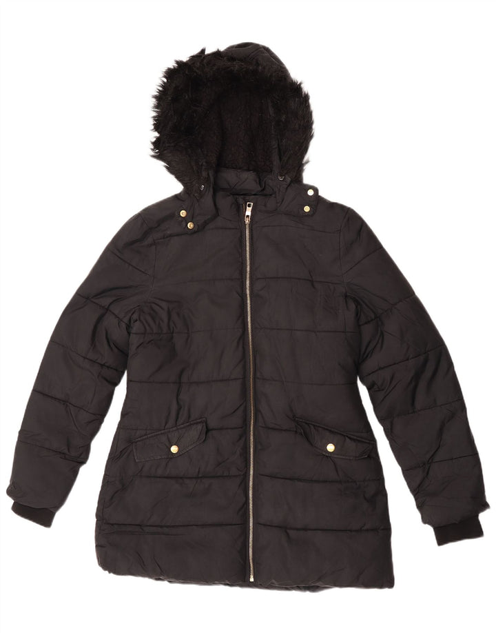Marks & Spencer Wattierter Mantel für Mädchen mit Kapuze, 12–13 Jahre, schwarzes Polyester