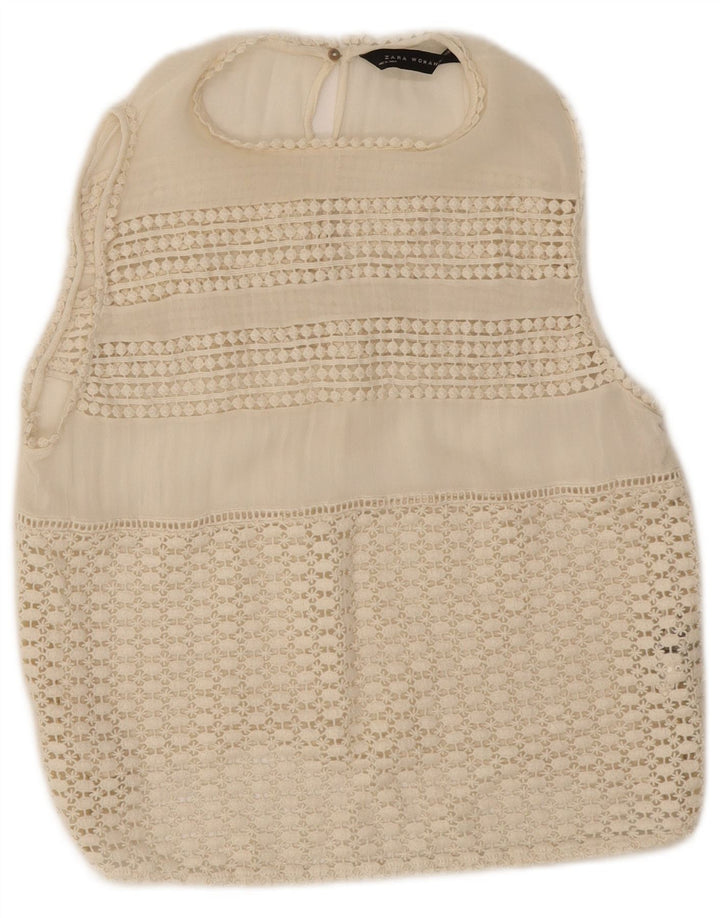 Zara Damen Crop Ärmelloses Spitzenblusenoberteil UK 12 Mittelweißes Polyester