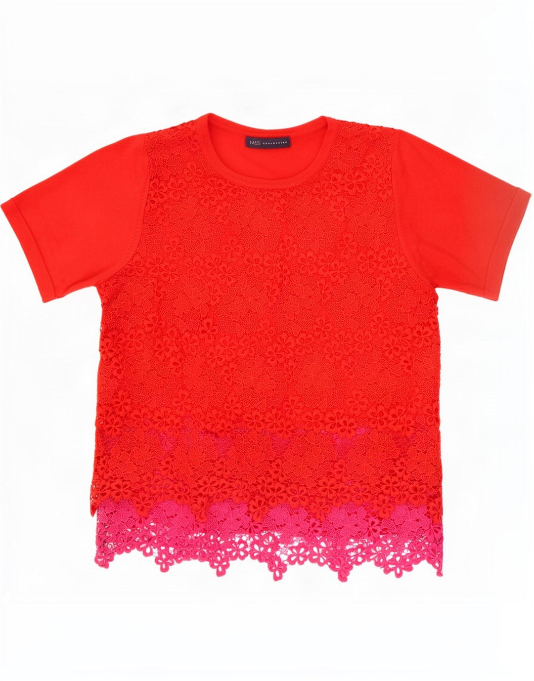 Marks & Spencer Damen-Spitzenblusenoberteil UK 12 Mittelrotes, geblümtes Polyester